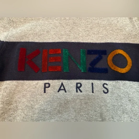 Kenzo Kids Grey Sweater with Blue Trim and colorful logo. French Designer. - Picture 2 of 4